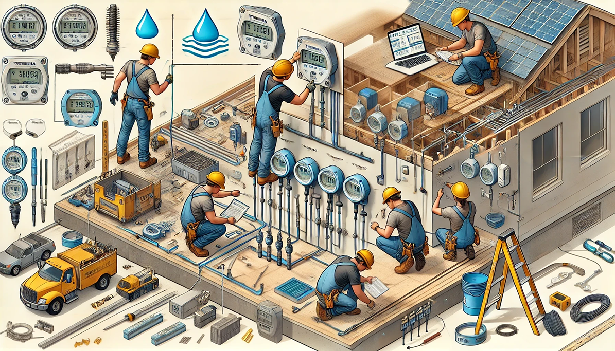 detailed illustration of installation process of Tehama Wireless submetering solutions on a construction site